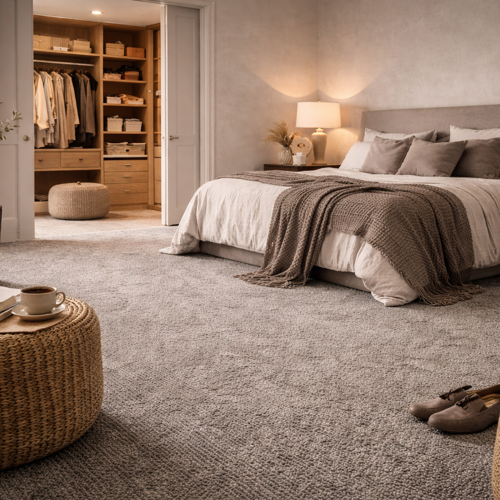 Teppichboden im modernen Schlafzimmer mit wohnlicher Atmosphäre